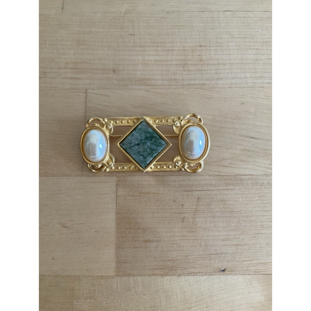 Vintage Ann Taylor Rectangular Gold Tone Bar Brooch with stone and faux pearls